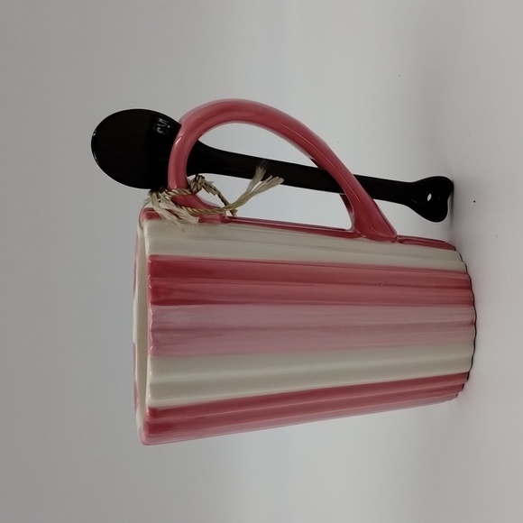 Happy Valentine's Day Hot Cocoa Mug Pink/white Striped Ribbed ceramic w/Spoon - Picture 1 of 6